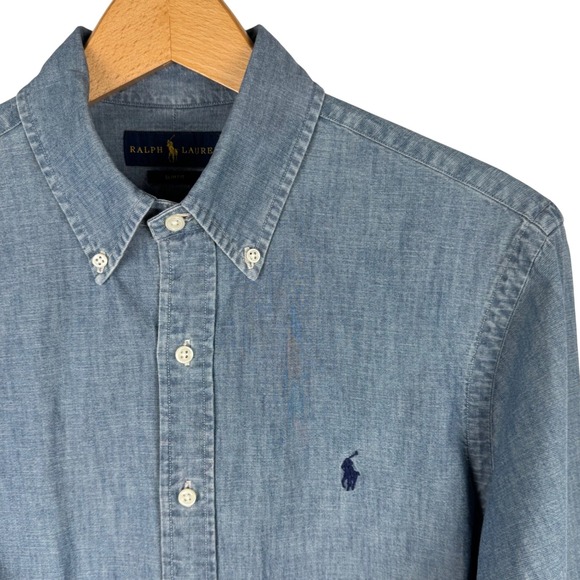 Ralph Lauren Slim Fit Chambray Button Down Shirt Mens M Blue Long Sleeve Logo - Picture 2 of 8